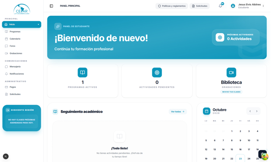 Vista Estudiante: Panel principal de asignaturas y cronograma de sesiones